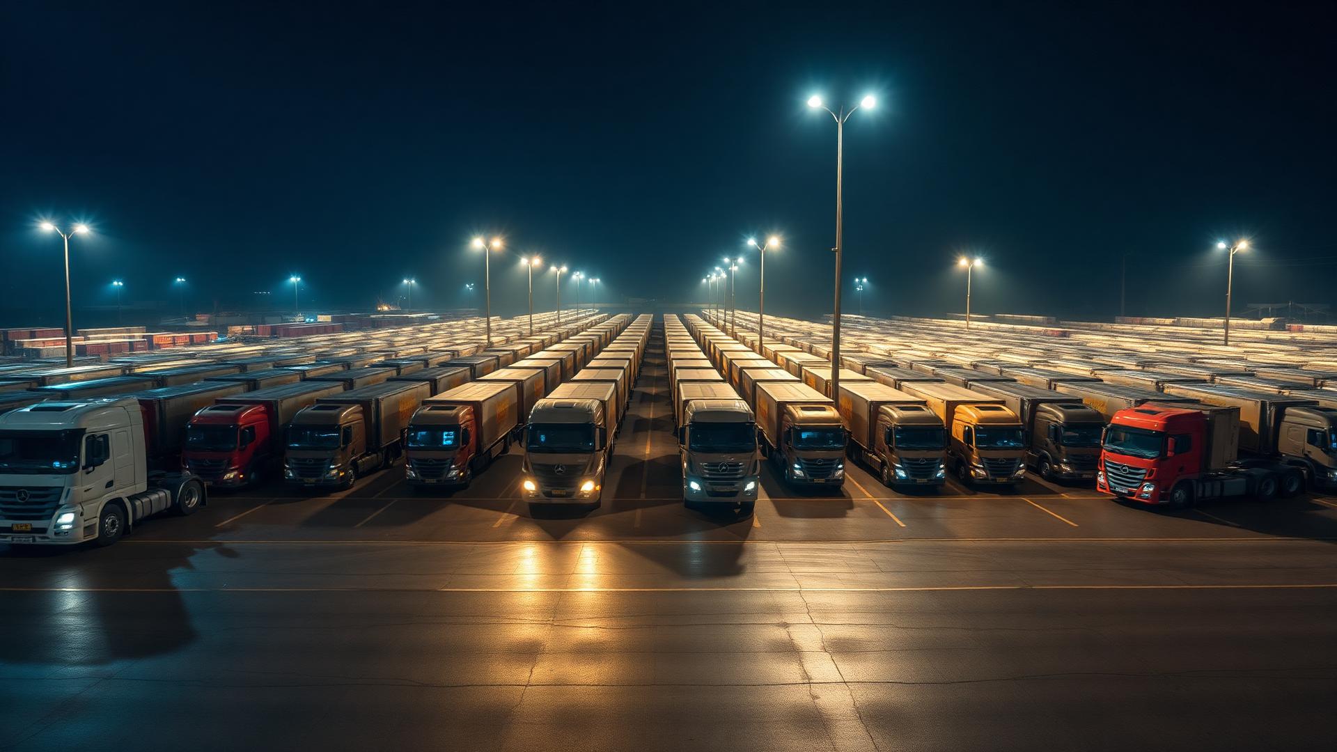 African logistics fleet yard at night